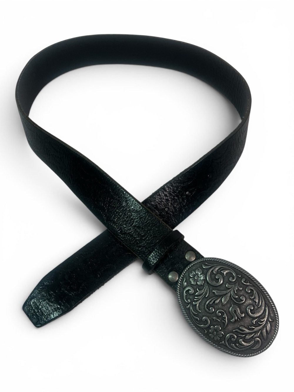 Black Leather Belt with Pewter Buckle, Medium, Womens Belt